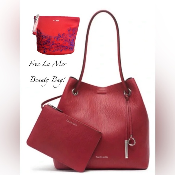 Calvin Klein Handbags - Calvin Klein Gabrianna Red Tote Bucket Bag NWOT + Free La Mer Beauty Bag
